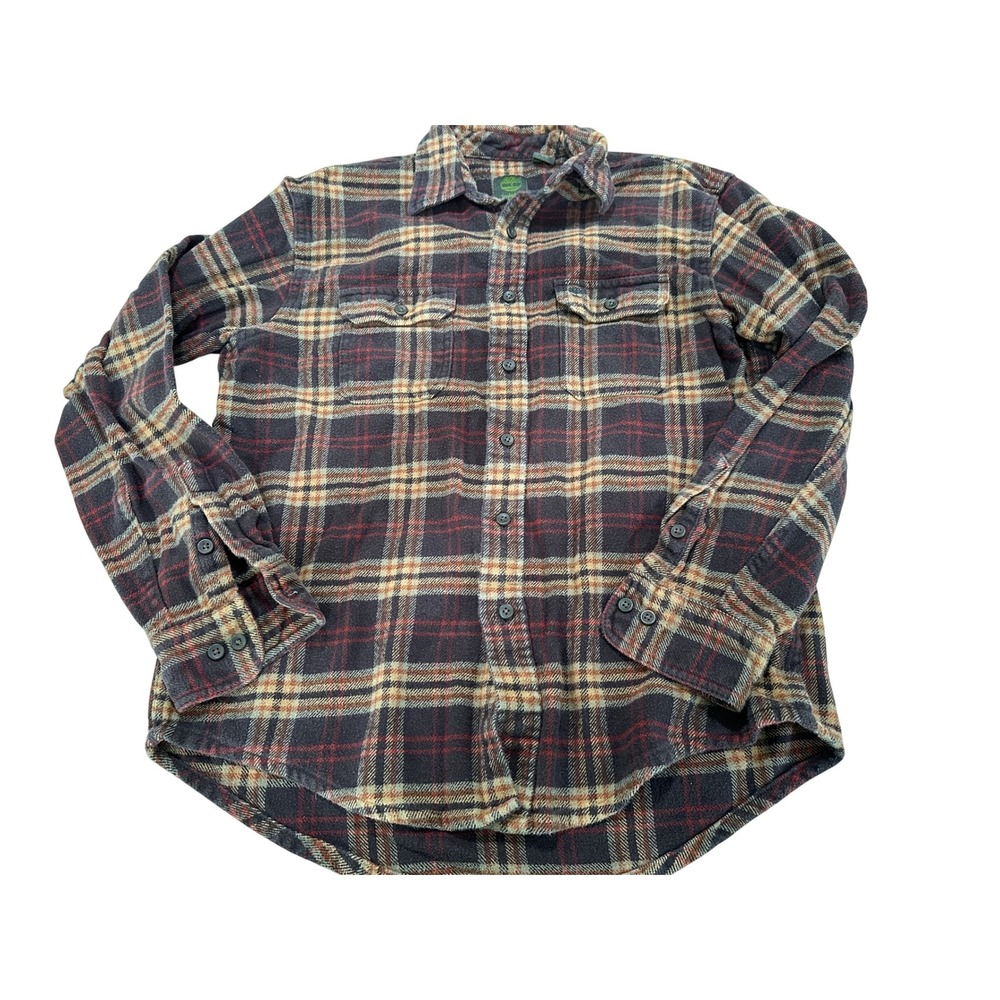 Timberland Mens Large Plaid Flannel Button Down Shirt Burgundy Tan Cotton